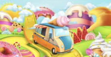 冰淇淋插画卡通动漫糖果世界和甜品车插画