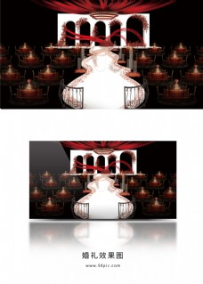 白红色简约欧式线条造型婚礼厅内效果图