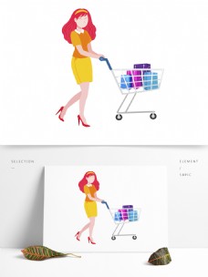 彩色时尚推着购物车购物的女性