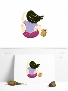 卡通可爱坐着的女孩和猫咪背影设计