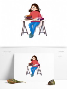 手绘小清新在课桌前读书的女孩
