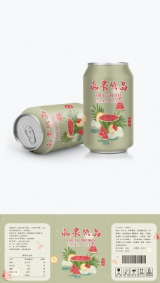 水果饮料手绘西瓜味清新水果味饮品汽水饮料易拉罐
