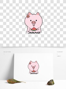 手绘卡通可爱吃西瓜的小猪