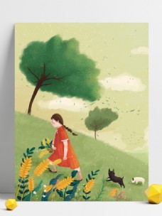 小满拿着小麦的女孩与狗背景