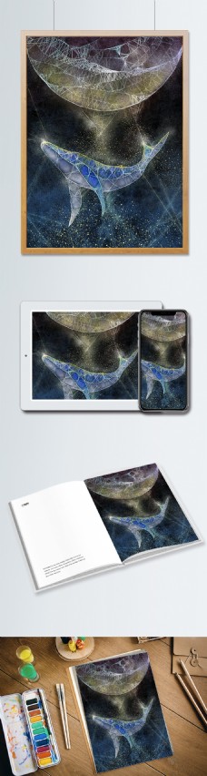 透明透气感趋势插画鲸鱼与月亮