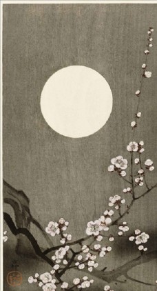 满月背景中国画梅花