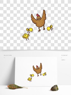 手绘母鸡和小鸡动物设计
