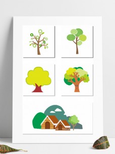 春天海报卡通树卡通房子矢量树小树大树抽象创意树