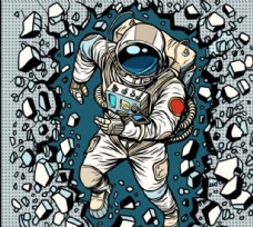 蓝色科技背景手绘太空人图案破墙