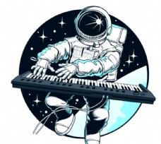 蓝色科技背景手绘弹琴的太空人