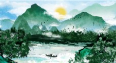 日系唯美青山绿水中国水墨画