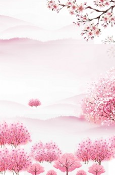 春天海报背景樱花远山粉红色的