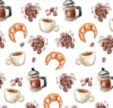 咖啡杯水彩绘咖啡和牛角面包无缝背景